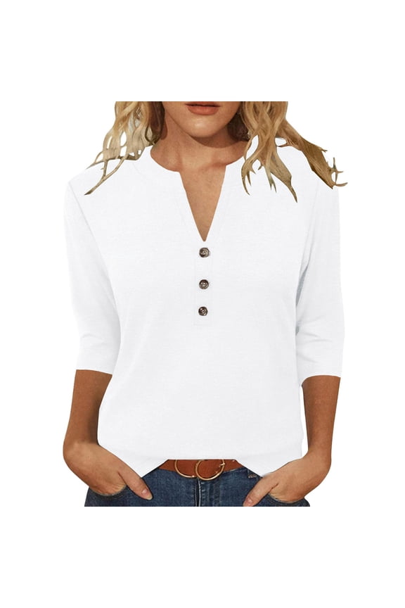 Women Summer Casual Tops V Neck Button Front Three Quarter Sleeve Solid Color Blouses Gift
