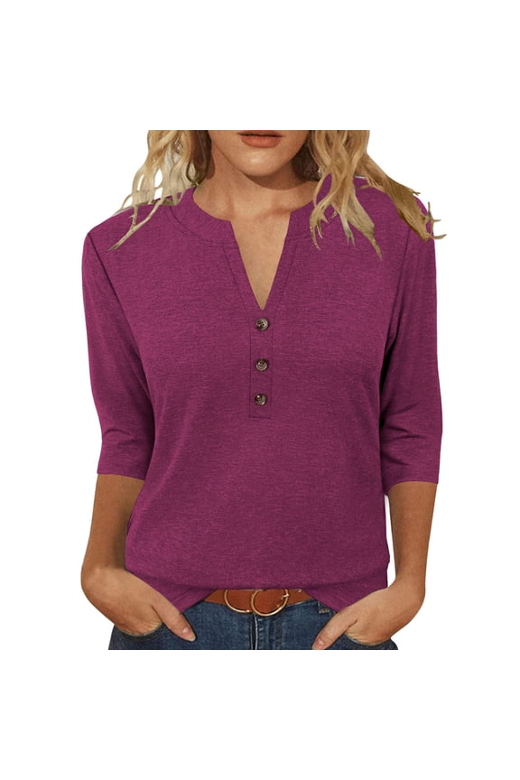 Women Summer Casual Tops V Neck Button Front Three Quarter Sleeve Solid Color Blouses Gift