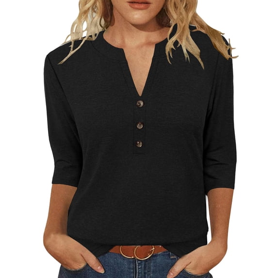 Craaazy Women Summer Casual Tops V Neck Button Front Three Quarter Sleeve Solid Color Blouses Gift