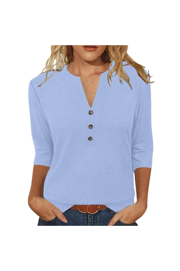 Women Summer Casual Tops V Neck Button Front Three Quarter Sleeve Solid Color Blouses Gift