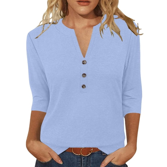 Craaazy Women Summer Casual Tops V Neck Button Front Three Quarter Sleeve Solid Color Blouses Gift