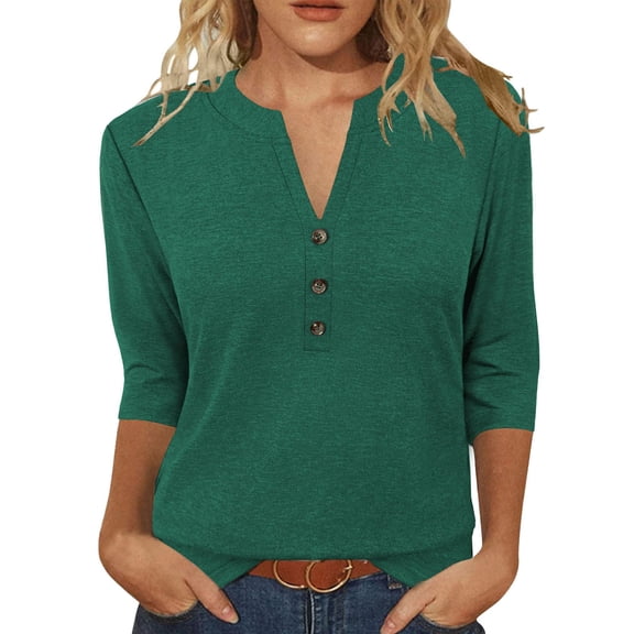 Craaazy Women Summer Casual Tops V Neck Button Front Three Quarter Sleeve Solid Color Blouses Gift