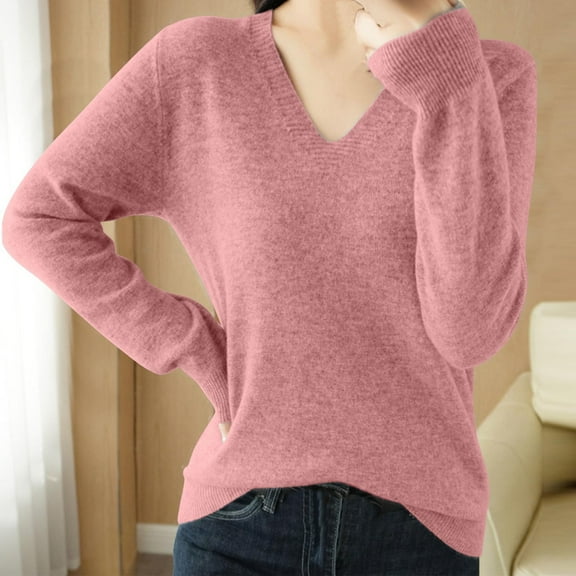 Craaazy Women Sweaters Solid Color Soft V-Neck Sweater Long Sleeve Knit Slim Fit Thermal Tops Gifts for Women