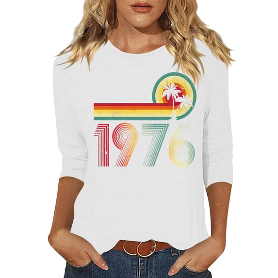 Craaazy Women's 1976 Casual Letter Printed 50th Birthday 3/4 Sleeve T-shirts Gifts