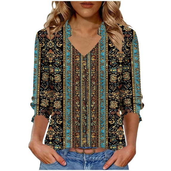 Craaazy Women's 3/4 Sleeve V-neck Collar Summer Casual Vacation T-shirts with Prints Gifts