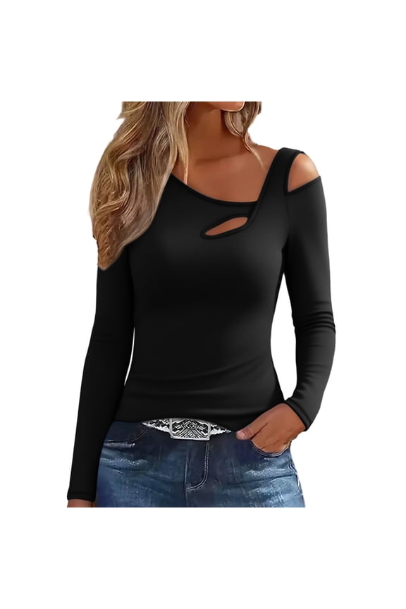 Women's Asymmetrical Cutout Cold Shoulder Long Sleeve Top Slim Fit Solid Color Stretchy Base Layer T-shirt Gifts