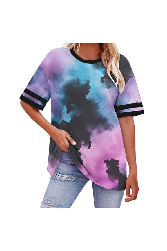 Women's Boho Print Crew Neck Striped Short Sleeve Blouse Lightweight Breathable Plus Size Summer Top