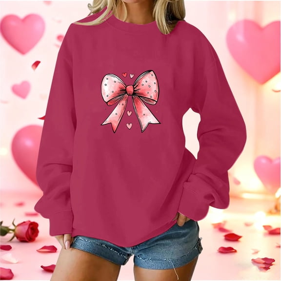 Craaazy Women's Bow Graphic Valentines Tops Loose Long Sleeve Shirts Gifts