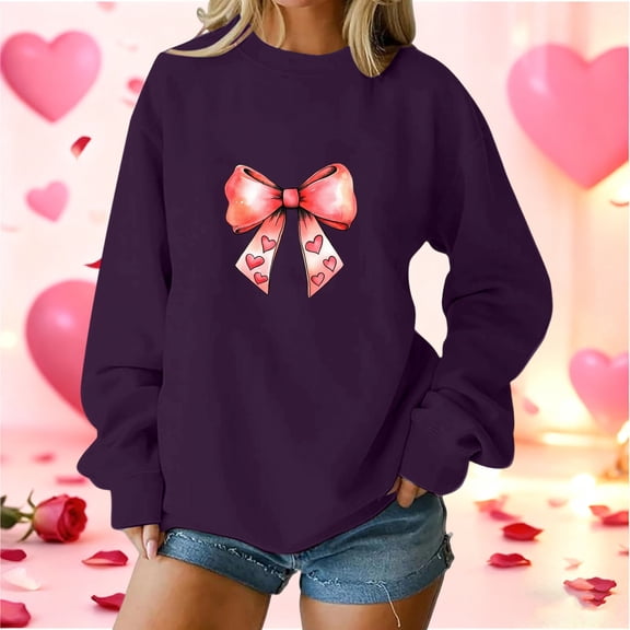 Craaazy Women's Bow Graphic Valentines Tops Loose Long Sleeve Shirts Gifts