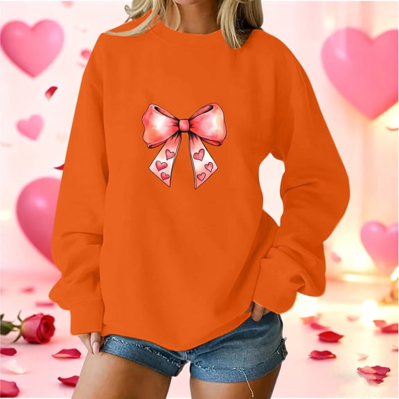 Craaazy Women's Bow Graphic Valentines Tops Loose Long Sleeve Shirts Gifts