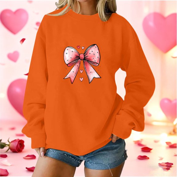 Craaazy Women's Bow Graphic Valentines Tops Loose Long Sleeve Shirts Gifts