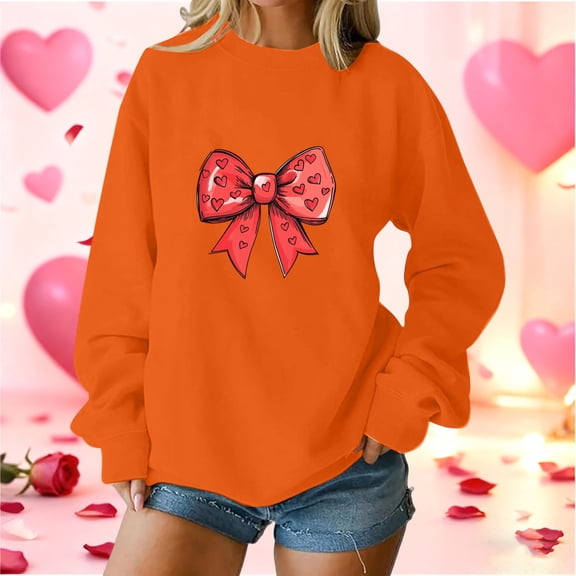 Craaazy Women's Bow Graphic Valentines Tops Loose Long Sleeve Shirts Gifts