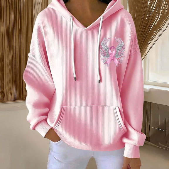 Craaazy Women's Breast Cancer Shirts Comfortable Long Sleeve Hooded Blouse with Pockets Gifts
