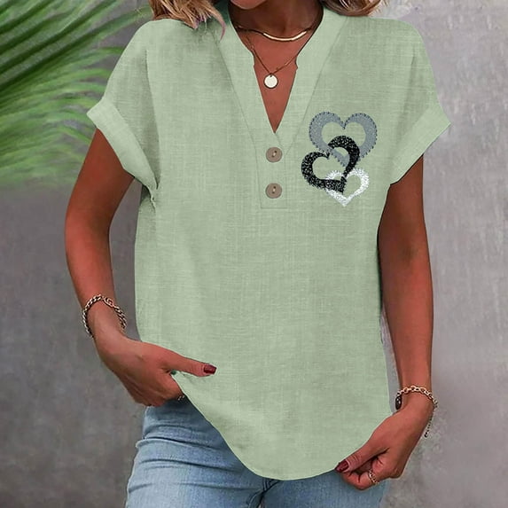 Craaazy Women's Button Down Shirts Short Sleeve Casual Tshirts Loose Collared V Neck Blouses Business Work Tops Basics Tees