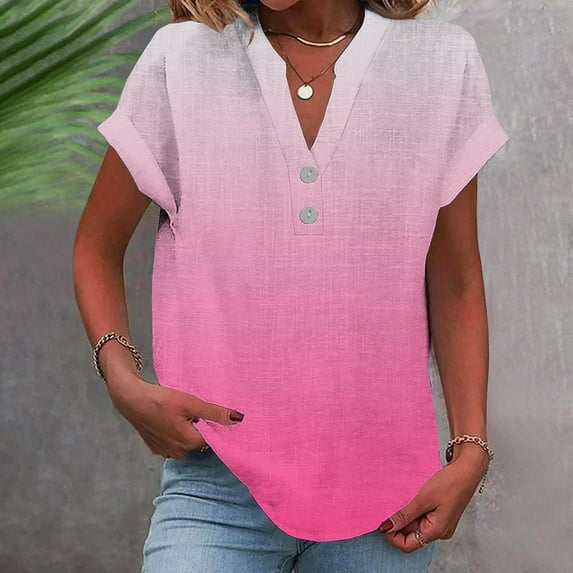 Craaazy Women's Button Down Shirts Short Sleeve Casual Tshirts Loose Collared V Neck Blouses Business Work Tops Basics Tees