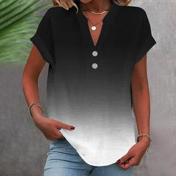 Craaazy Women's Button Down Shirts Short Sleeve Casual Tshirts Loose Collared V Neck Blouses Business Work Tops Basics Tees