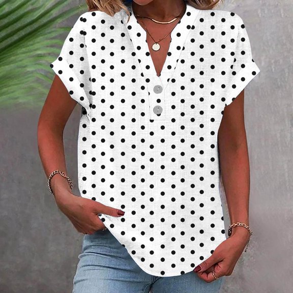 Craaazy Women's Button Down Shirts Short Sleeve Casual Tshirts Loose Collared V Neck Blouses Business Work Tops Basics Tees