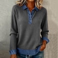 thumbnail image 1 of Craaazy Women's Button Lapel Denim Patchwork Long Sleeve Pullover Tops Gifts, 1 of 8