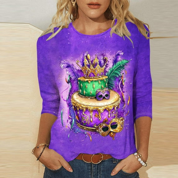 Craaazy Women's Carnival Mask Printed 3/4 Sleeve Round Neck Mardi Gras Tops Gifts