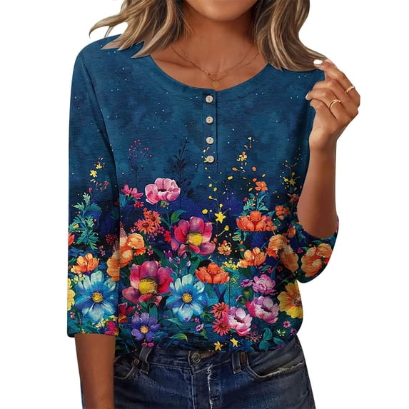 Craaazy Women's Casual 3/4 Length Sleeve Crewneck Button Dressy Vintage Floral Print Pullover Tops Gifts