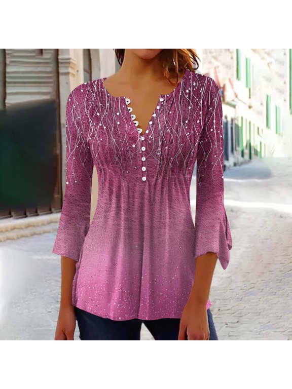 Women's Casual Boho Print V-Neck 3/4 Sleeve Tops with Beaded Button Detail for Everyday Wear