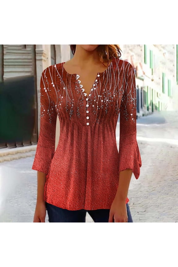 Women's Casual Boho Print V-Neck 3/4 Sleeve Tops with Beaded Button Detail for Everyday Wear