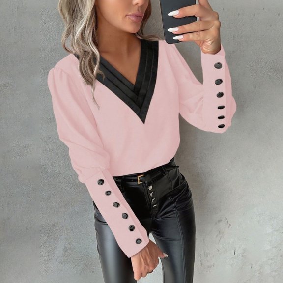 Craaazy Women's Casual Christmas Shirts V Neck Button Blouses Fall Winter Puff Long Sleeve Shirts Business Work Tops for Women