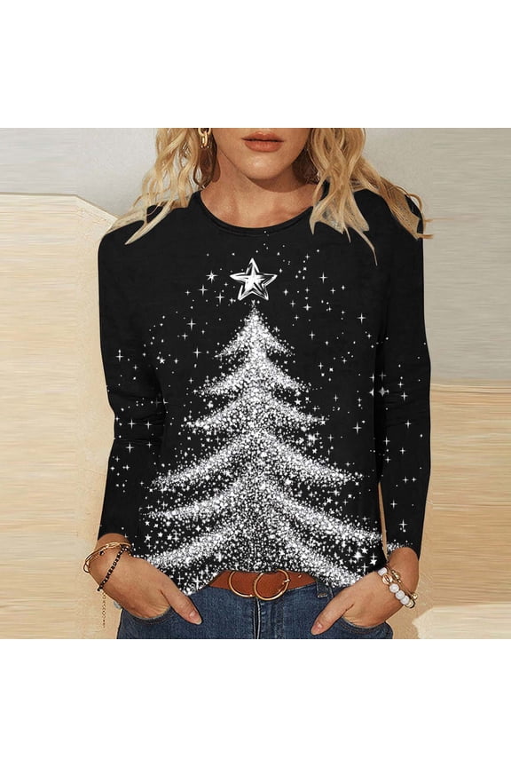 Women's Casual Christmas Print Round Neck Long Sleeve T-Shirt Loose Santa Snowman Xmas Tree Top Gifts