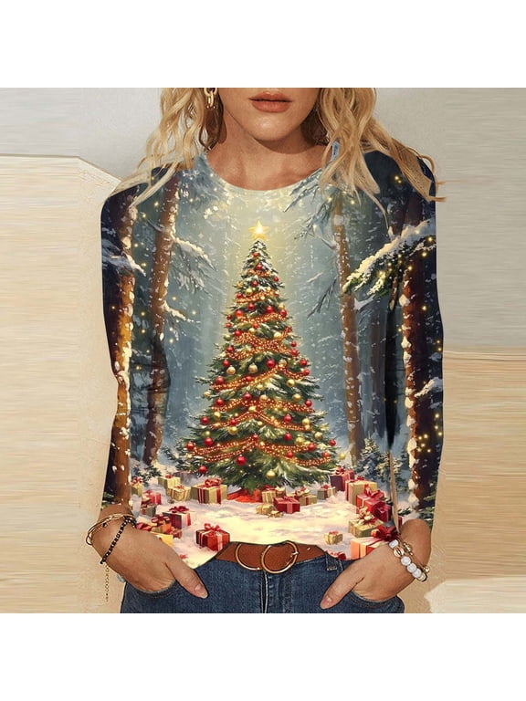 Women's Casual Christmas Print Round Neck Long Sleeve T-Shirt Loose Santa Snowman Xmas Tree Top Gifts