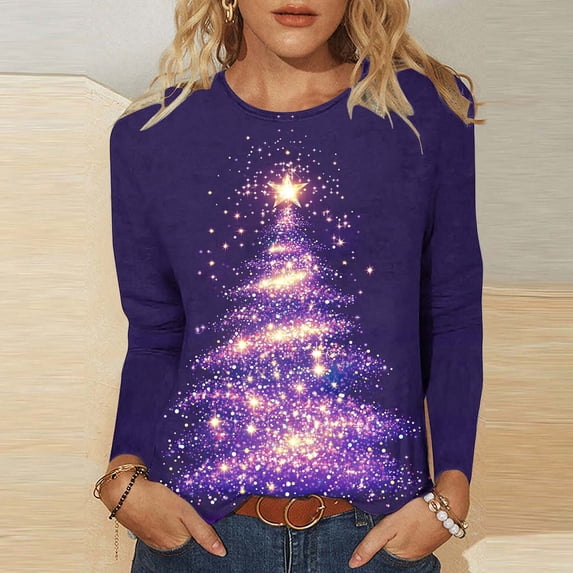 Craaazy Women's Casual Christmas Print Round Neck Long Sleeve T-Shirt Loose Santa Snowman Xmas Tree Top Gifts