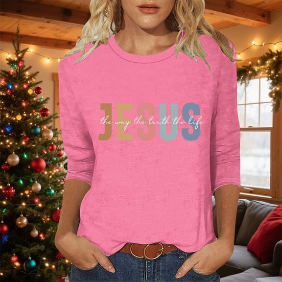 Craaazy Women's Casual Christmas Printed Tops Round Neck 3/4 Sleeve T-shirt Fashionable Santa Blouse Gifts
