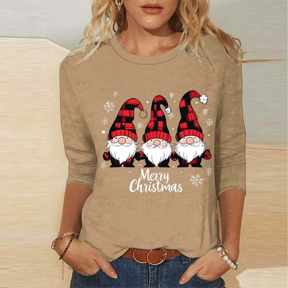 Craaazy Women's Casual Christmas Printed Tops Round Neck 3/4 Sleeve T-shirt Fashionable Santa Blouse Gifts