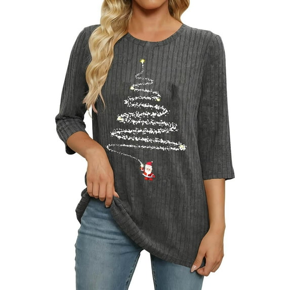 Craaazy Women's Casual Christmas Printed Tops Round Neck 3/4 Sleeve T-shirt Fashionable Santa Blouse Gifts