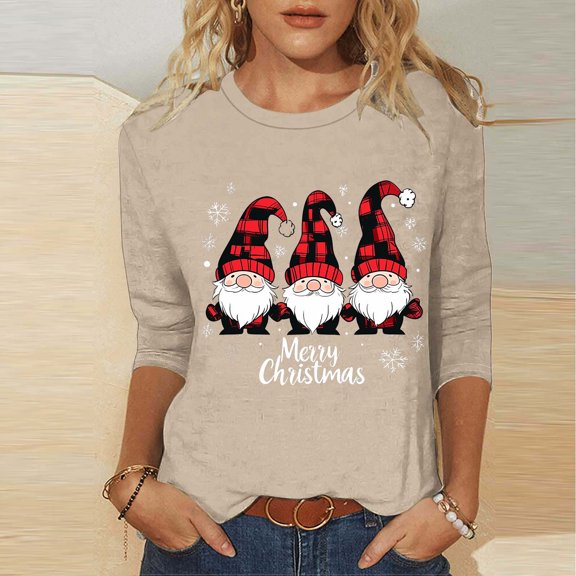 Craaazy Women's Casual Christmas Printed Tops Round Neck 3/4 Sleeve T-shirt Fashionable Santa Blouse Gifts