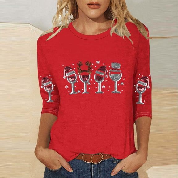 Craaazy Women's Casual Christmas Printed Tops Round Neck 3/4 Sleeve T-shirt Fashionable Santa Blouse Gifts