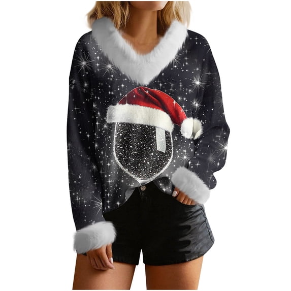 Craaazy Women's Casual Christmas Shirts Solid Color V-neck Pullover Top Gifts