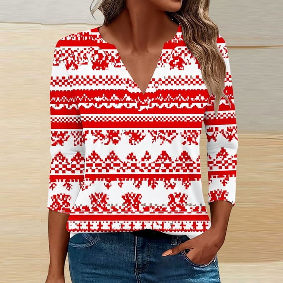 Craaazy Women's Casual Christmas Shirts V-Neck 3/4 Sleeve Fashion Tops Gifts