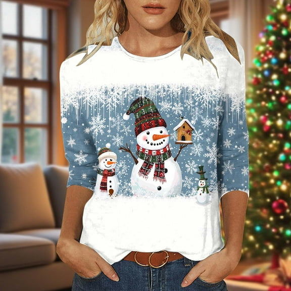 Craaazy Women's Casual Christmas Tops Round Neck 3/4 Sleeve Xmas T-shirt Fashionable Santa Shirts Gifts