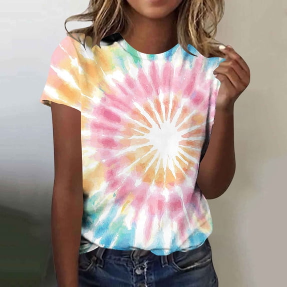 Craaazy Women's Casual Crew Neck Short Sleeve Tie Dye Print Loose Fit T-Shirt Lightweight Top for Spring and Summer Daily Wear