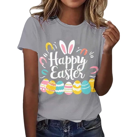 Craaazy Women's Casual Fashion Happy Easter Funny Celebrate Print Round Neck Short Sleeve Summer Tops Gifts