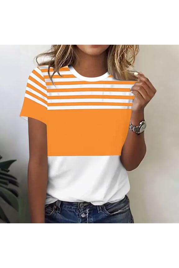 Women's Casual Fitted Crew Neck Short Sleeve T-Shirt with Striped Print and Breathable Fabric for Work, Beach, and Casual Outings Gifts