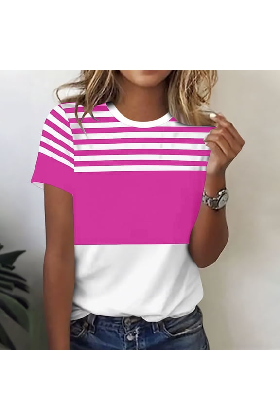Women's Casual Fitted Crew Neck Short Sleeve T-Shirt with Striped Print and Breathable Fabric for Work, Beach, and Casual Outings Gifts