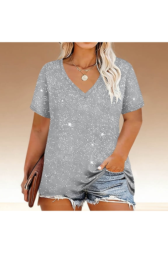 Women's Casual Glitter V Neck T-Shirt, Solid Color Short Sleeve Keyhole Loose Fit Blouse, Trendy Shirt for Travel and Everyday Wear