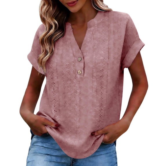 Craaazy Women's Casual Hollow Out Solid Color Spring Summer V-neck Loose Short Sleeve Tops with Button(S-5XL) Gifts