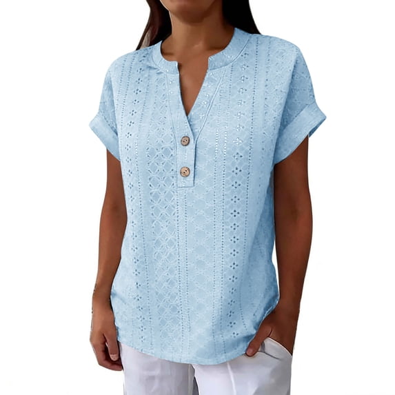 Craaazy Women's Casual Hollow Out Solid Color Spring Summer V-neck Loose Short Sleeve Tops with Button(S-5XL) Gifts