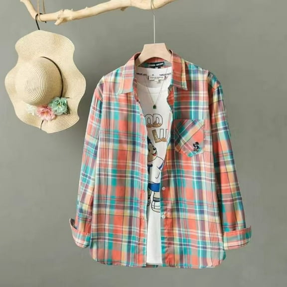 Craaazy Women's Casual Lapel Button Pocket Plaid Slim Fit Long Sleeved Shirt Top Warm Shirt with Pocket Gifts