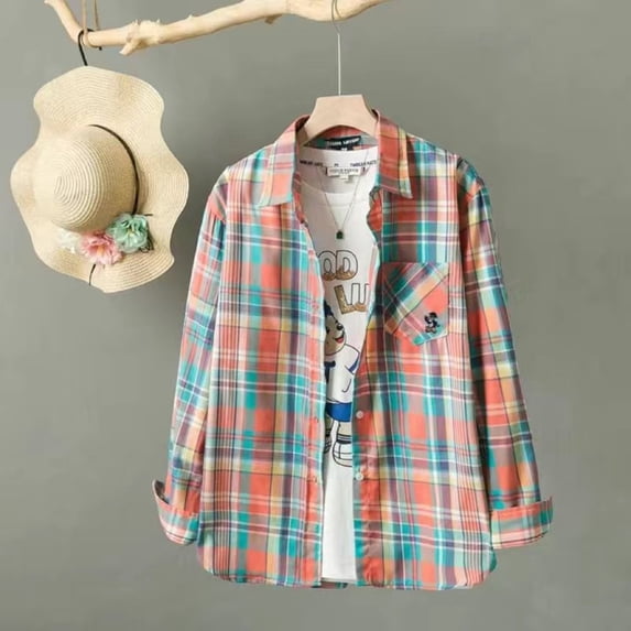 Craaazy Women's Casual Lapel Button Pocket Plaid Slim Fit Long Sleeved Shirt Top Warm Shirt with Pocket Gifts