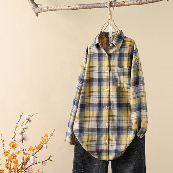 Craaazy Women's Casual Lapel Button Pocket Plaid Slim Fit Long Sleeved Shirt Top Warm Shirt with Pocket Gifts