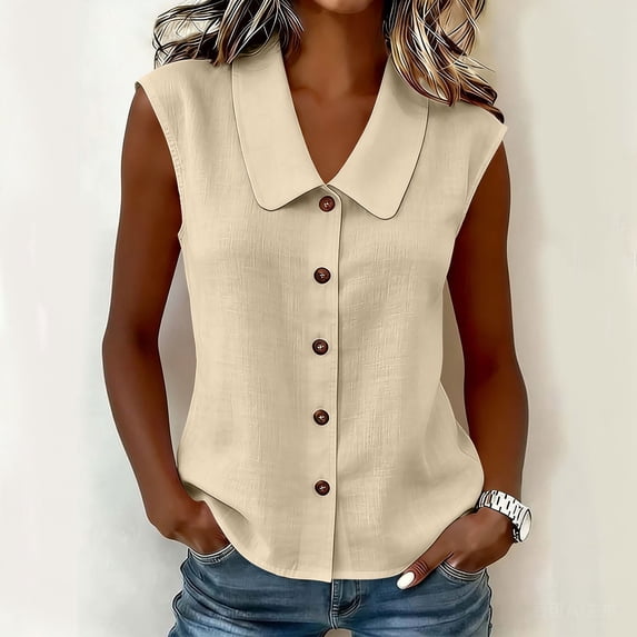 Craaazy Women's Casual Lapel Collar Sleeveless Button Front Linen Blouse Solid Color Top Gifts