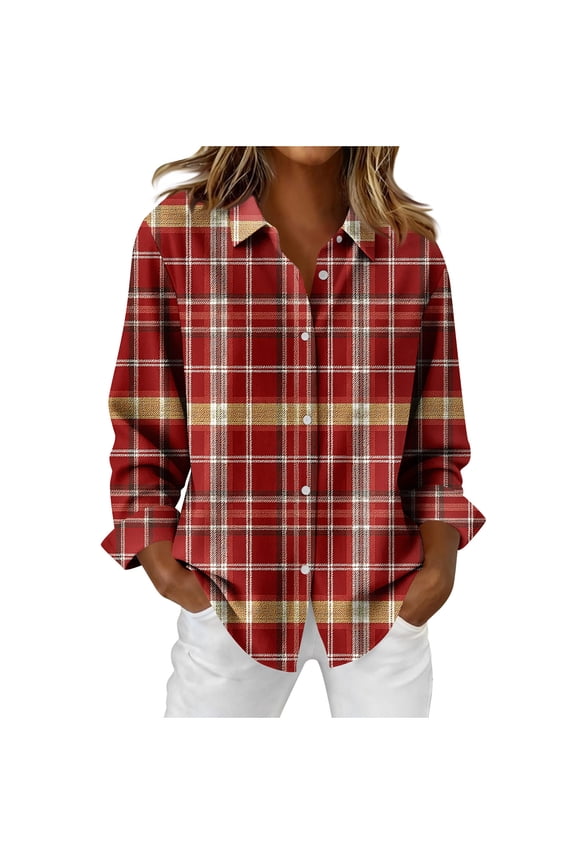Women's Casual Long Sleeve Plaid Button Down Shirts Collared Blouse Gifts